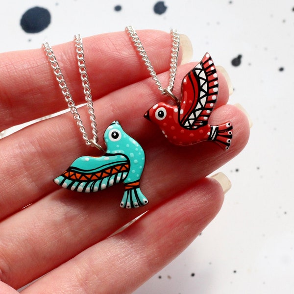 Tiny flying bird necklace. long distance relationship gift for boyfriend. Сouple necklaces. Turquoise tropical bird necklace,