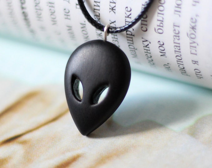 Black alien necklace for men and woman. Ebony Wood carved pendant. Set alien jewelry