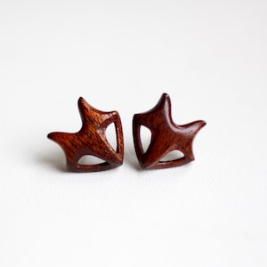 Wood carved Fox head stud earrings. Small silver wolf earrings for womans and men. Celtic wooden jewelry