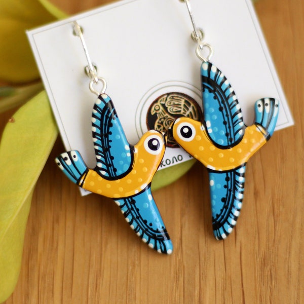 Dangle fly birds earrings. Hand-painted small orange - turquoise wooden earrings. Ukrainian art,