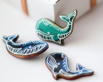Set blue whale brooch pin, Couples gift sets of 2.  Hand painted wooden  Ocean animals jewelry. Psychedelic whale jewelry