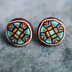 Wooden geometric earrings stud. Ethnic jewelry. Bridesmaid gifts wedding day jewelry.