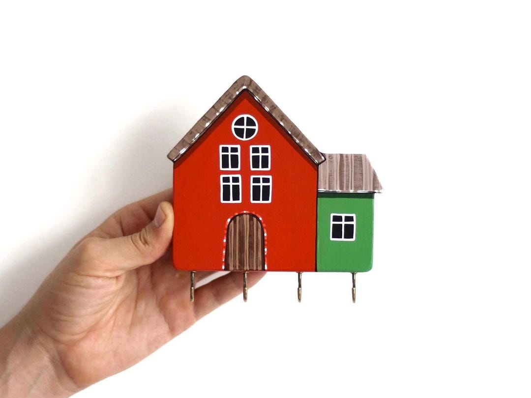 Patterned House Key Key Holder for a Wall With Small Houses . Decorative Key Hook for Wall ...