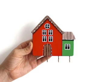 Key holder for a wall with small houses . Decorative Key Hook for Wall, Wooden key hanger, Colorful House Patterned Key Hooks