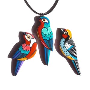 Hand painted tropical bird necklace and brooch. Bright colorful birds. Adorable animals necklace