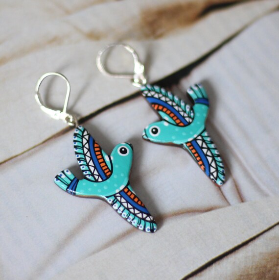 Hand Painted Flying Birds Earrings. Dangle Orange Turquoise Wooden
