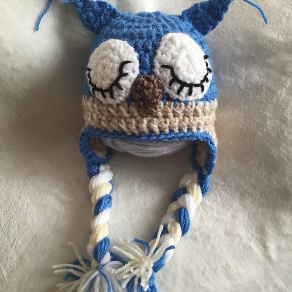 Ready to post hand crochet sleeping baby owl hat photo prop 0-3m baby shower gift boy girl