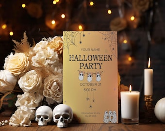 Editable Halloween Party Invitation Template A6 – Ghost & Pumpkin Printable Canva Invite – Customisable Digital Download