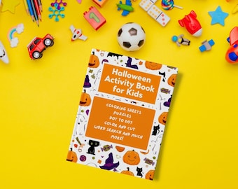 May include: A Halloween Activity Book for Kids with an orange and white cover, featuring pumpkins, bats, and cats. The book includes colouring sheets, puzzles, dot-to-dot, and word search activities. Various toys are scattered around the book on a yellow surface.