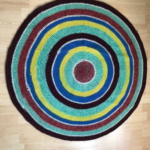 Grand Tapis de laine rond 1 metre, fait main crochet, tapis en tricot, wool rug carpet, art-deco maison, style scandinave, tapis enfant