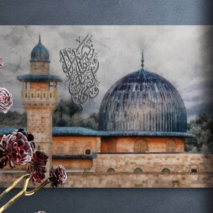 Palestinian Artistry: Al Aqsa Mosque &#39;Indeed Allah is Sufficient&#39; Islamic Art Print on Canvas