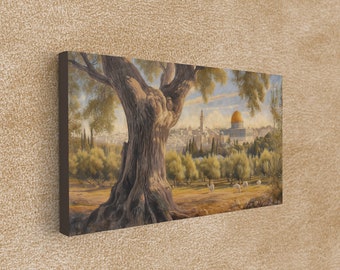 Olive Tapestry of Peace: A Glimpse of the Holy Dome from Mount&#39;s Embrace - Canvas Print