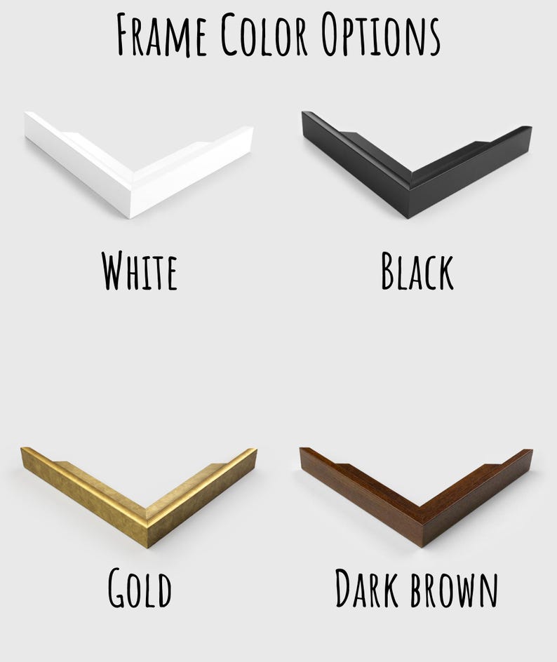 May include: Four frame corner samples in white, black, gold, and dark brown.  FRAME COLOR OPTIONS is written at the top of the image.