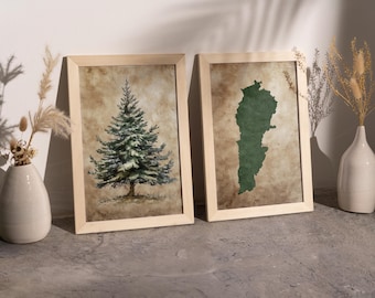 Arab Wall Art: Cedar Tree & Map of Lebanon | Vintage Lebanese Home Decor
