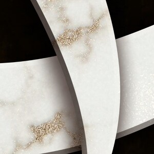 May include: Abstract art print featuring white marble-like swirls with gold accents on a black background.