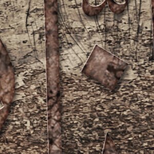 May include: A close-up of a textured, brown background with a vertical line and a diamond shape. The background has a rough, uneven surface.