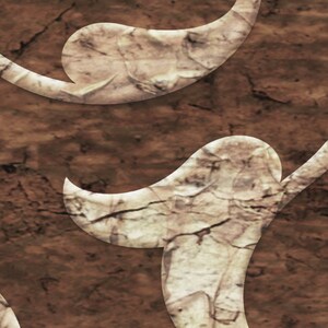 May include: Abstract design with a white, swirling pattern on a brown, textured background.