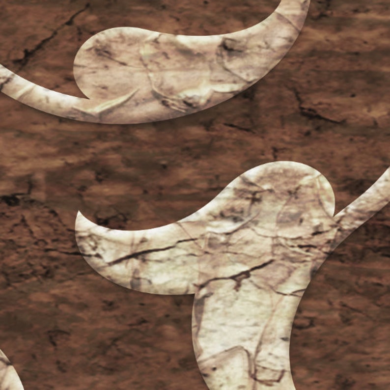 May include: Abstract design with a white, swirling pattern on a brown, textured background.