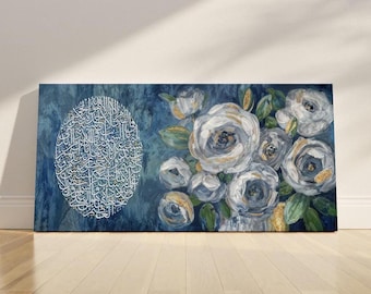 Ayatul Kursi Calligraphy Canvas Art • Blue Floral Islamic Wall Decor