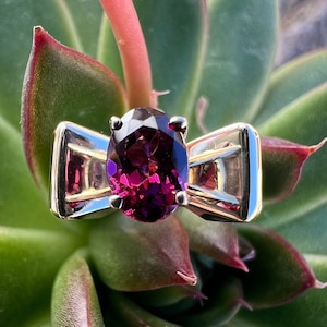 May include: A purple gemstone ring with a bow-shaped setting. The ring is set against a green succulent plant.