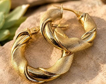 Vintage 14K Yellow Gold Twisted Hoop Earrings, Matte Polished Italian Design