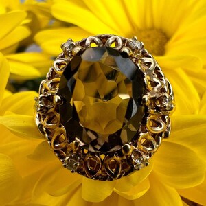 Vintage, 10K Gold, Yellow Gold, Smoky Quartz With Diamonds, Ring Size 6, 5 Grams