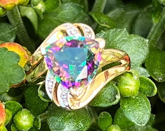 Vintage, 10K Gold, Mystic Topaz And Diamond Ring, Size 7, 4.35 Grams