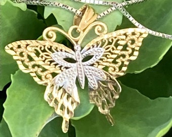 Vintage, 14K Gold, Two Tone Butterfly Pendant With 14K White Gold Box Chain, 16" Chain, 2.66 Grams