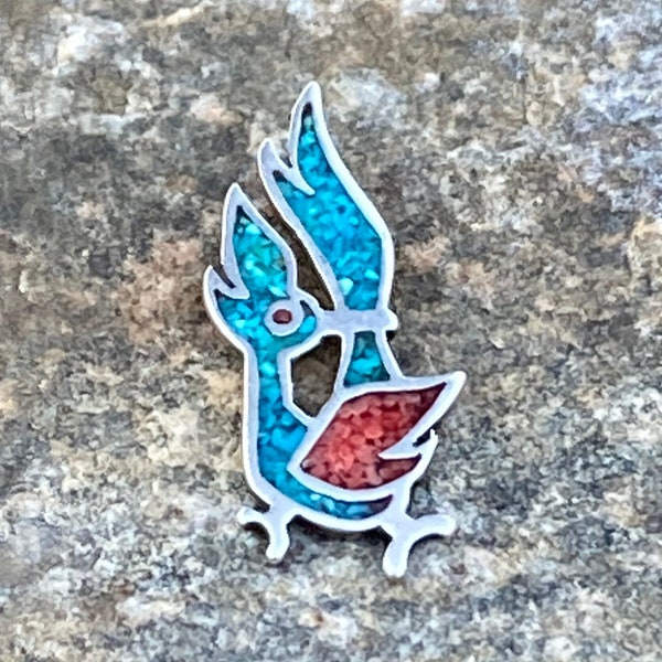 Vintage, Sterling Silver, Turquoise & Coral Chip Inlay, Bird Pendant, Native American, 1.56", 4.5 Grams