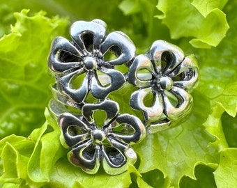 Bague Argent Sterling Ancienne - Motif Fleur, Taille 58, Bon état Occasion