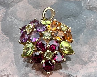 Vintage, 14K Gold, Multi Gemstone, Flower Cluster Pendant, Yellow Gold, Mexico, 1.18&quot; By .81&quot;, 4.65 Grams