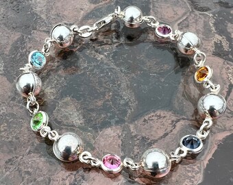 Vintage, Sterling Silver, Italian Multicolor Gemstone, Sterling Ball Bracelet, 7 3/4&quot;, 7.5 Grams