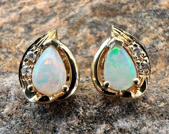 Vintage, 14K Gold, Opal And Diamond Stud Earrings, .40" By .32", 2.05 Grams