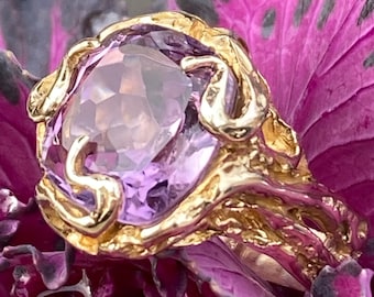 Vintage, 14K Gold, 585 Amethyst, Brutalist Ring, Size 7 1/2, 10.25 Grams