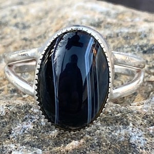 Vintage, Sterling Silver, Black And White Agate Stone, Ring Size 7, 3.7 Grams