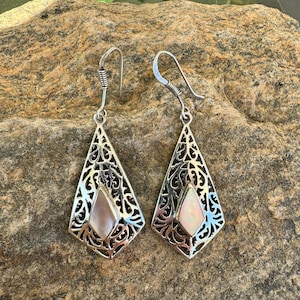 Vintage, Sterling Silver, Mother Of Pearl, Dangle Earrings, 4.7 Grams