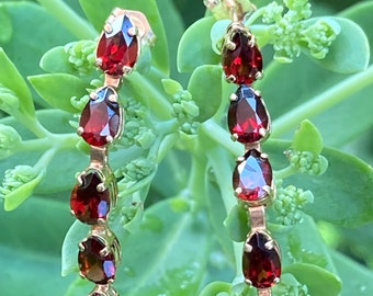 Vintage, 14K Gold, Red Garnet Dangle Earrings, Pierced Earrings, 1.43" By 4mm Wide, 2.63 Grams