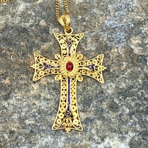 Vintage, 18K Gold, 750 Byzantine, Filigree Cross With Enamel, 2.04&quot; By 1.29&quot; With 19&quot;, Chain, 1.4mm Wide, 10.09 Grams