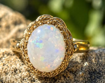 Vintage 14K Yellow Gold Oval Opal Statement Ring, 2+ Carat, Ornate Setting