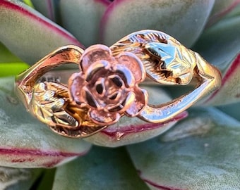 May include: A gold-toned ring featuring a rose design at the center, with detailed leaves and stems. The ring is set against a backdrop of green succulent leaves with red edges, creating a contrast of colors and textures.