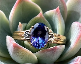 Vintage 14K Yellow Gold Oval Tanzanite Diamond Ring, STS Gemstone Size 7