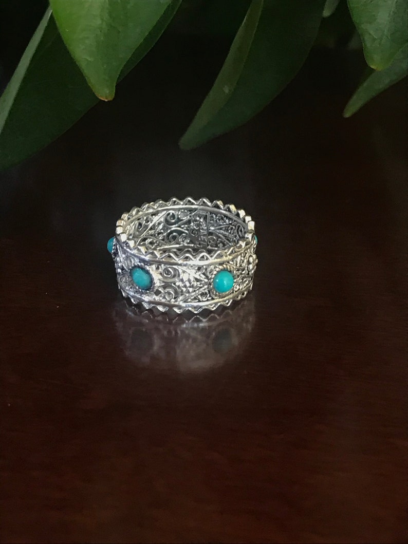 Israel Filigree Ring With Teal Dots Sterling Silver Size 6 Vintage