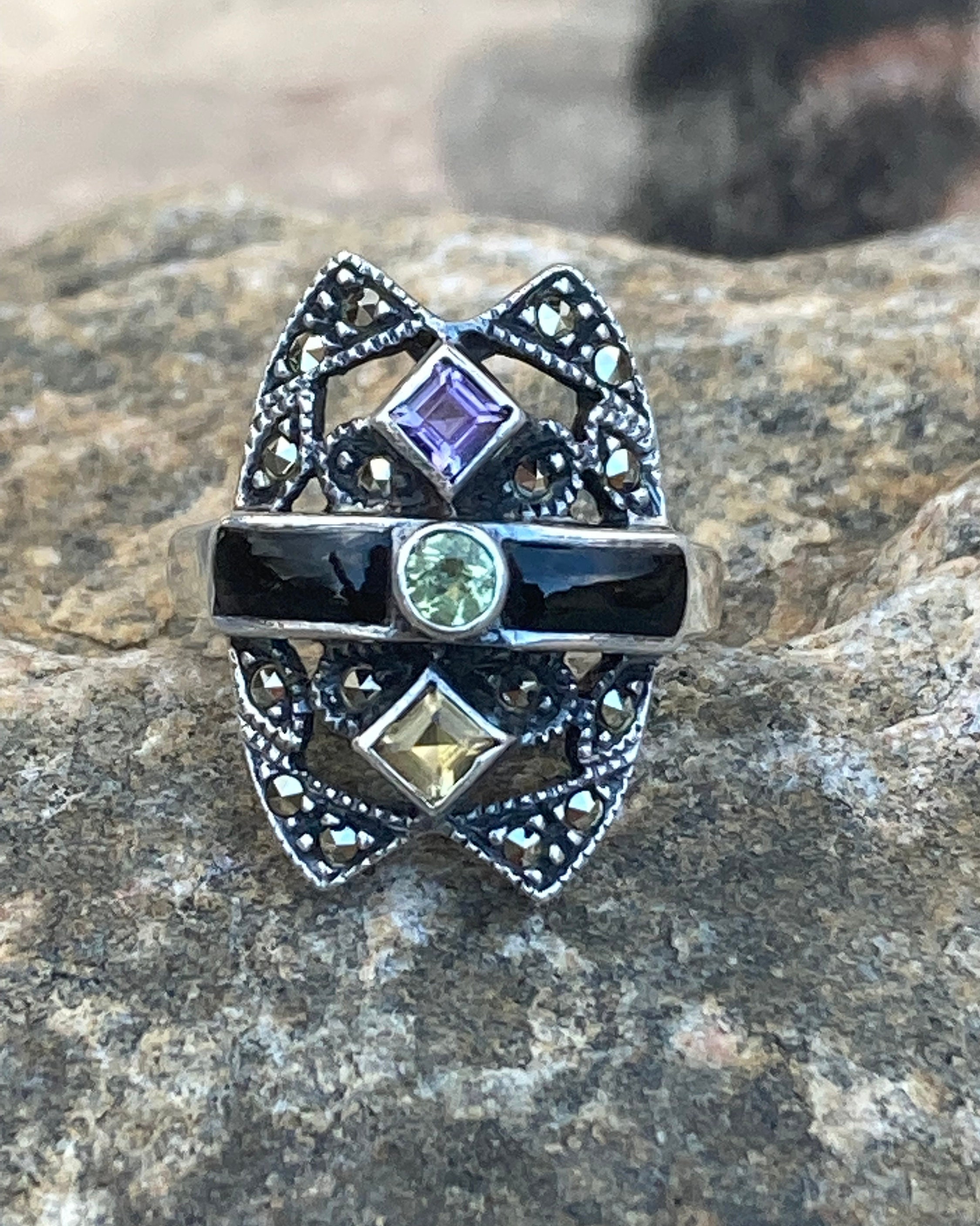 JAM  MADE × NF NF LOGO RING Vintage, Sterling Silver, NF Ring, Marcasite, Multicolor Ring
