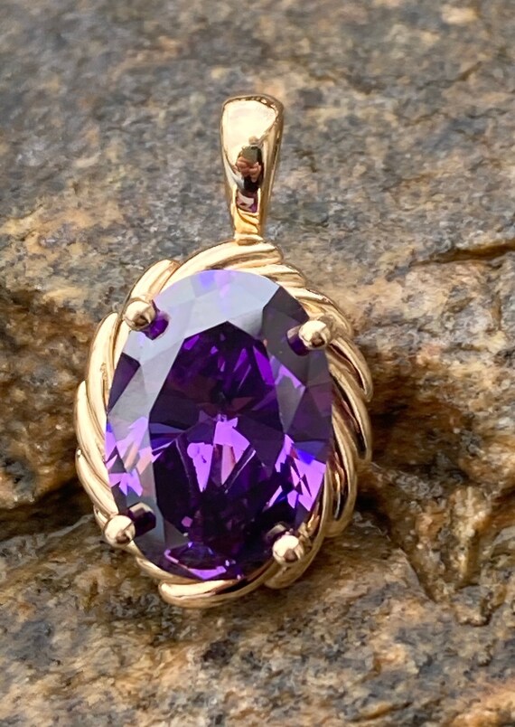 Vintage, 14K Gold, Purple Amethyst CZ, Oval Penda… - image 2