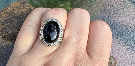 Sterling Silver Oval Black Onyx Statement Ring, Rope Edge Cocktail
