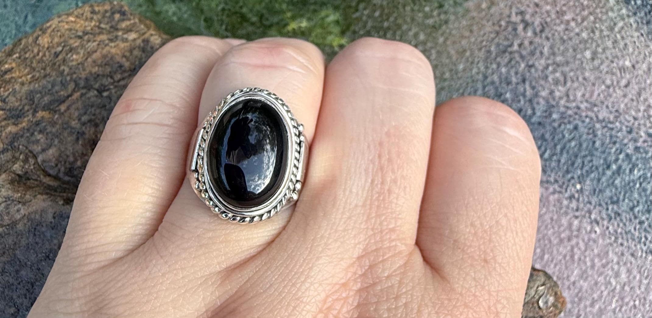 Sterling Silver Oval Black Onyx Statement Ring, Rope Edge Cocktail