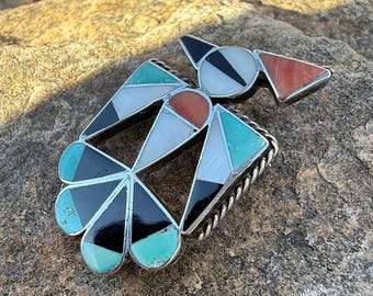 Sterling Silver Native American Zuni Thunderbird Brooch, Multi Gemstone Inlay, Turquoise Onyx Mother of Pearl, Vintage Southwest Jewelry