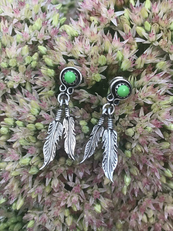 Vintage, Sterling Silver Feather Earrings With Gre