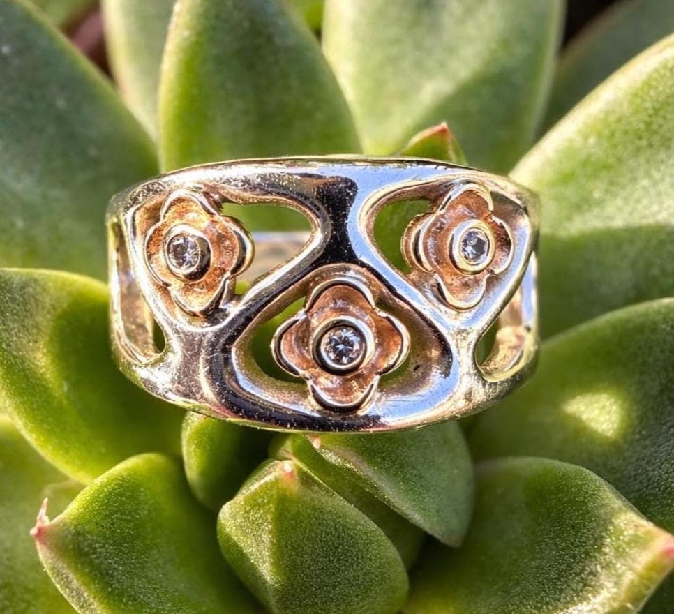 Vintage Pandora Sterling Silver 14K Gold Diamond Flower Ring
