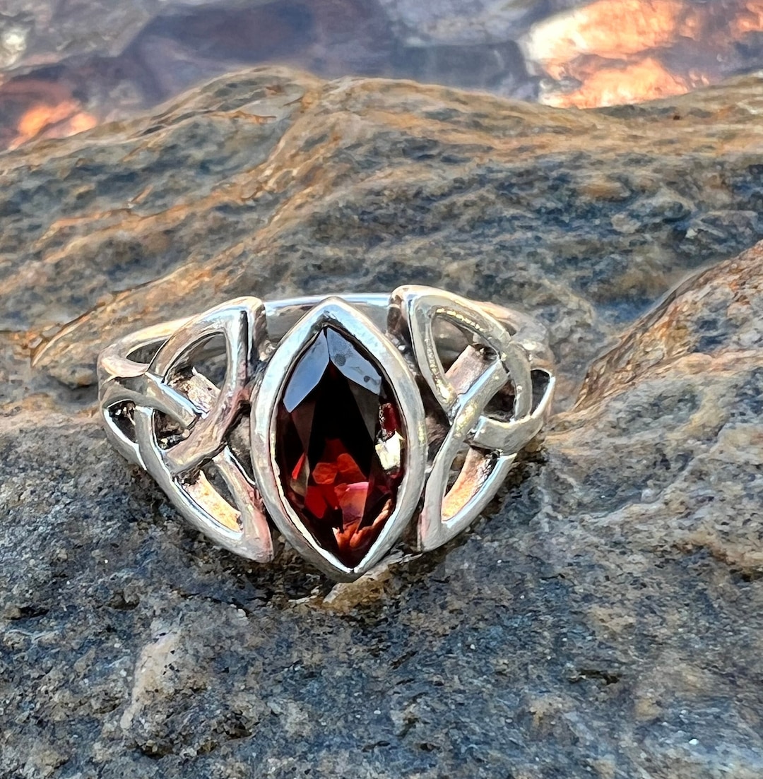 Sterling Silver Simulated Garnet Ring - Irish Celtic Knot Design, Size 9, 925 Silver Band